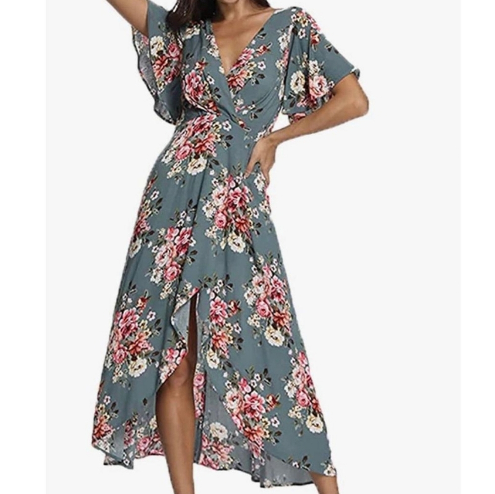 Anthropologie Teal Floral Wrap Midi Dress with Pink Blooms